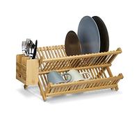 Relaxdays Bamboo Dish Rack, Drainer with Cutlery Compartment, Wooden Dryer for Plates, HxWxD: 24 x 46 x 28 cm, Natural, Wood, 34 x 53 x 24 cm