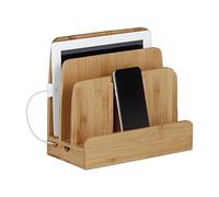 Relaxdays Bamboo Docking Station, Holder Dock, 3 Shelves, Smartphone, Mobile Phone, Tablets, HWD: 23 x 25.5 x 13.5 cm, Natural Brown