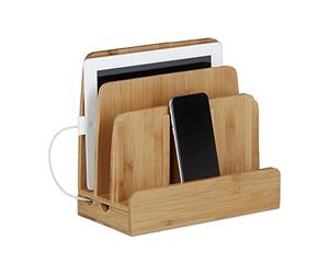 Relaxdays Bamboo Docking Station, Holder Dock, 3 Shelves, Smartphone, Mobile Phone, Tablets, HWD: 23 x 25.5 x 13.5 cm, Natural Brown