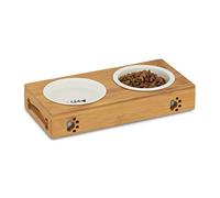 Relaxdays Bamboo Dog Feeding Station, 2 Ceramic Bowls, Water & Food, Dishwasher-Safe, Cats, Various Sets, Natural, 5.5 x 29.5 x 14 cm