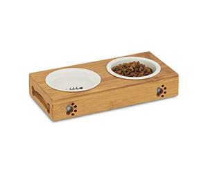 Relaxdays Bamboo Dog Feeding Station, 2 Ceramic Bowls, Water & Food, Dishwasher-Safe, Cats, Various Sets, Natural