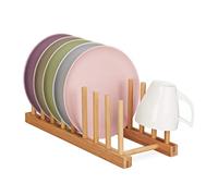 Relaxdays Bamboo Drying Rack, Oblong & Modern, Dish Drainer for Plates, Lids and Cutting Boards, 8 Slots, Natural