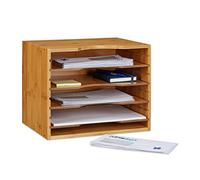 Relaxdays Bamboo File Holder, Size: 26.5 x 33.5 x 24.5 cm Storage System Desk Organizer Document Sorter with 4 Shelves Paper Organiser made of Wood for Letters and Files, Natural Brown