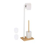 Relaxdays WC Set, Bamboo, Stainless Steel, Free-Standing, incl. 2 Spare Heads, Toilet Roll & Brush Holder, White/Natural, 70.5 x 22 x 18 cm