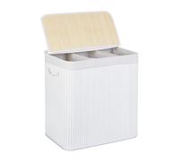 Relaxdays Bamboo Laundry Basket, Clothes Container, 3 Compartments, Folding, Rectangular Basket, 62x62.5x42.5cm, White