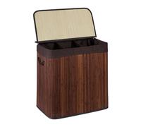 Relaxdays Bamboo Laundry Basket, Clothes Container, 3 Compartments, Folding, Rectangular Basket, 62x62.5x42.5cm, Brown