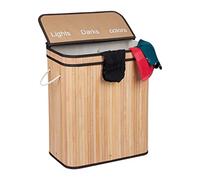 Relaxdays Bamboo Laundry Basket, Clothes Container, 3 Compartments, Folding, Rectangular Basket, 63 x 55 x 35cm, Natural