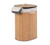 Relaxdays Bamboo Laundry Basket, Oval, 46 L, Folding Hamper with Lid, Bathroom & Bedroom, HWD: 55 x 42 x 32 cm, Natural
