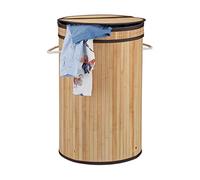 Relaxdays Bamboo Laundry Basket, Round Hamper with Folding Lid, 65 l, Foldable Bin with Ventilation, Ø 40cm, Natural