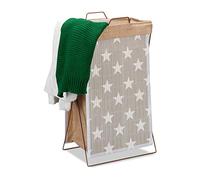 Relaxdays Bamboo Laundry Basket Stars 40 L Foldable Metal Frame with Laundry Bag HBT 61 x 38 x 22 cm Grey