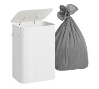 Relaxdays Laundry Basket with Lid, 2 Compartments, Bamboo, 105L, Foldable, 63x52x32cm, White