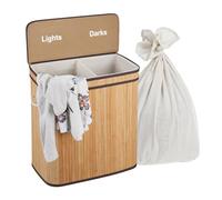 Relaxdays Bamboo Laundry Basket with Lid, 2 Compartments, Foldable, 100L, Dimensions 60x52x32cm, Natural