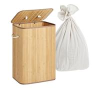 Relaxdays Bamboo Laundry Basket with Lid, 2 Compartments, Foldable, 105L, Natural, 63x52x32cm