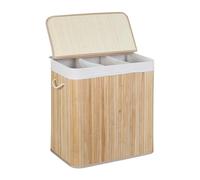 Relaxdays Bamboo Laundry, Clothes Container, 3 Compartments, Folding, Rectangular Basket, 62x62.5x42.5cm, Natural