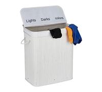 Relaxdays Bamboo Laundry, Clothes Container, 3 Compartments, Folding, Rectangular Basket, 63 x 55 x 35cm, White