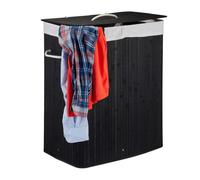 Relaxdays Lidded Bamboo Laundry Hamper, 100 L, Clothes Container, 2 Compartments, Folding, Rectangular Basket, Bathroom, Black