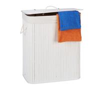 Relaxdays Lidded Bamboo Laundry Hamper, 100 L, Clothes Container, 2 Compartments, Folding, Rectangular Basket, Bathroom, White, 63 x 55 x 35 cm
