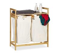 Relaxdays Bamboo Laundry Hamper, Clothes Sorter with Shelf, 2 Compartments, Pull-Out & Portable, 60 L Basket, Natural