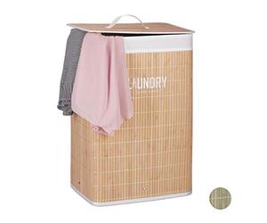 Relaxdays Bamboo Laundry Hamper with Lid, Folding Clothes Bag and Organiser with Print, Natural, H x W x D: 60 x 40 x 30 cm