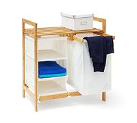 Relaxdays Bamboo Linea Laundry Hamper and Shelf with 3 Compartments Laundry Basket Linen Bin with Laundry Bag 40 L with White Fabric 77 x 69.5 x 36 cm, Natural Colour