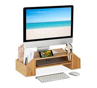 Relaxdays Bamboo Monitor Stand, 4 Shelves, Screen Raiser Desk, HWD: 16 x 57.5 x 25 cm, Work Base, Natural, 16x57x25cm