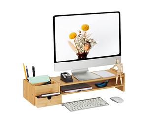 Relaxdays Bamboo Monitor Stand, 5 Compartments, Screen Raiser Desk, HWD: 16 x 57.5 x 25 cm, Work Base, Natural