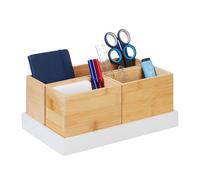 Relaxdays Bamboo Organiser, 4-Piece Set, Desk Utensils, Cosmetics, for Office, Bathroom, Storage Tray, Natural/White, 11 x 28 x 17.5 cm