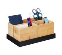 Relaxdays Bamboo Organiser, 4-Piece Set, Desk Utensils, Cosmetics, for Office, Bathroom, Storage Tray, Natural/Black, 11 x 28 x 17.5 cm