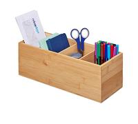Relaxdays Bamboo Organiser Box 4 Compartments, Narrow, Storage for Kitchen, Bathroom, Office, 12x35x14 cm, Natural Brown