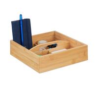 Relaxdays Bamboo Organiser, with Handle, 4 Compartments, HxWxD: 6.5 x 25 x 25 cm, Storage Box Office, Bathroom & Kitchen