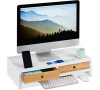 Relaxdays Bamboo PC Monitor Stand, Screen Riser with 2 Drawers & Compartments,