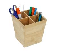 Relaxdays Pen Holder, Organiser with 4 Compartments, H x W x D: 15.5 x 14.5 x 14.5 cm, Bamboo, Natural