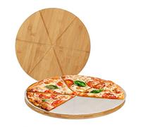 Relaxdays Bamboo Pizza Board, Set of 2, Round Serving Plate, 33 cm Ø, incl. Baking Paper, Server with Grooves, Natural