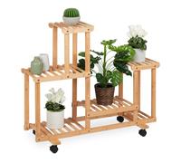 Relaxdays Plant Stand, 6 Shelves, Wheels, Flower Rack, Indoor, H x W x D: 79 x 95 x 36 cm, Bamboo, Natural