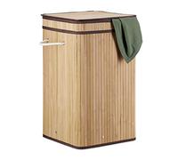 Relaxdays Bamboo Pop-Up Laundry Hamper, with Handles, Portable, 70L Load, Square Laundry Bag, HxØ: 63 x 36cm, Natural