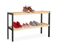 Relaxdays Bamboo Rack, HxWxD: 33 x 70 x 26 cm, 2 Tiers, Holds 6 Pairs, Shoe Stand with Open Shelves, Natural/Black
