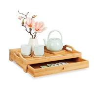 Relaxdays Bamboo Serving Tray, Removable Drawer, Breakfast Platter with Handles, H x W x D: 10 x 43 x 31 cm, Natural