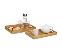 Relaxdays Bamboo Serving Tray Set of 2, Raised Edges, Handle Cut-Outs, 45 and 42 cm Long, Natural