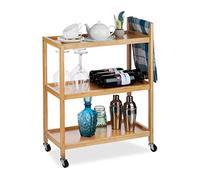 Relaxdays 10024182 Servierwagen Bambus, 3 Ablagen, natürliche Optik, 360° drehbare Rollen, Rollwagen, HxBxT: 76x58x30 cm, Natur Serving Trolley, 3 Tiers, Look, Casters, Bamboo, HxWxD