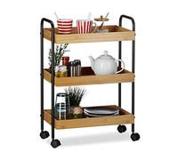 Relaxdays Bamboo Serving Trolley, 3 Tiers, Natural Look, 360° Casters, Steel, HxWxD: 70x50x28 cm, Natural/Black