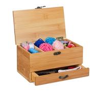 Relaxdays Bamboo Sewing Box, 4 Compartments & Drawer, Lidded, Antique Handle Look, Empty, Natural