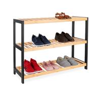 Relaxdays bamboo shoe rack, HxWxD: 55 x 70 x 26 cm, 3 tiers, holds 9 pairs of shoes, open shelf stand, natural/black