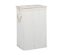 Relaxdays Bamboo Square Hamper 65 cm Tall Folding Basket Laundry Bin 83L Rectangular Storage, White, 33.5 x 43.5 x 65.5 cm