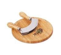 Relaxdays Bamboo & Stainless Steel Double Cutting Board for Herbs, Onions, Nuts Diameter 20 cm, Kitchen, Nature/Silver