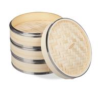 Relaxdays 10031464 Bamboo Steamer, 3 Tier, Metal Rings, Asian Cooker, for Rice, Dim Sum, Vegetable, Basket, Pot, Ø24cm, Natural