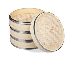 Relaxdays Bamboo Steamer, 3 Tier, Metal Rings, Asian Cooker, for Rice, Dim Sum, Vegetable, Basket, Pot, Ø24cm, Natural