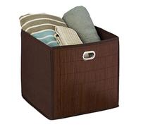 Relaxdays Bamboo Storage Basket, Bathroom & Bedroom Organiser, Cube, Tall Box, HxWxD 31 x 31 x 31 cm, Folding, Brown, Fleece