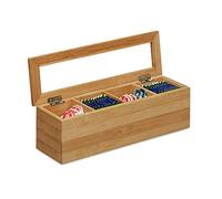 Relaxdays Bamboo Tea Box, 4 Compartments, Narrow, Plastic Window, Size: 9 x 30 x 9 cm, Small, Long, Natural Brown