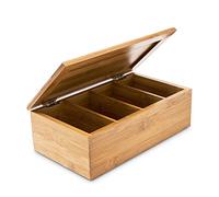 Relaxdays Bamboo Tea Box, Size: 9 x 28.5 x 16 cm, Tea Chest With 4 Compartments & Lid For 80 Tea Bags, Wooden Jewellery Box, Natural Brown