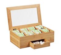 Relaxdays Bamboo Tea Storage Box, Lid with Window, 8 Compartments, Chest with Drawer, HxWxD 11x33x20 cm, Natural